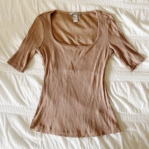 H&M Camel Ribbed Short Sleeve Top Size S